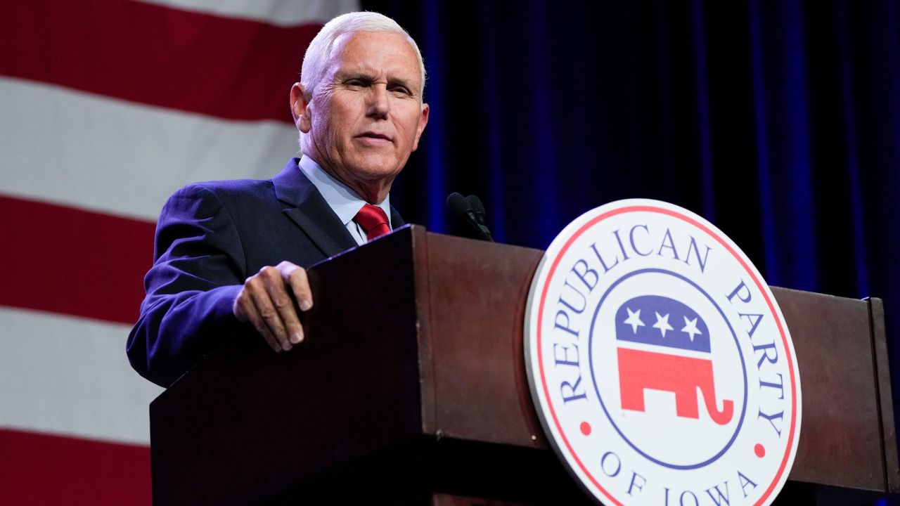 Former Vice President Mike Pence speaks at the Iowa GOP's Lincoln Dinner in Des Moines on July 28, 2023.