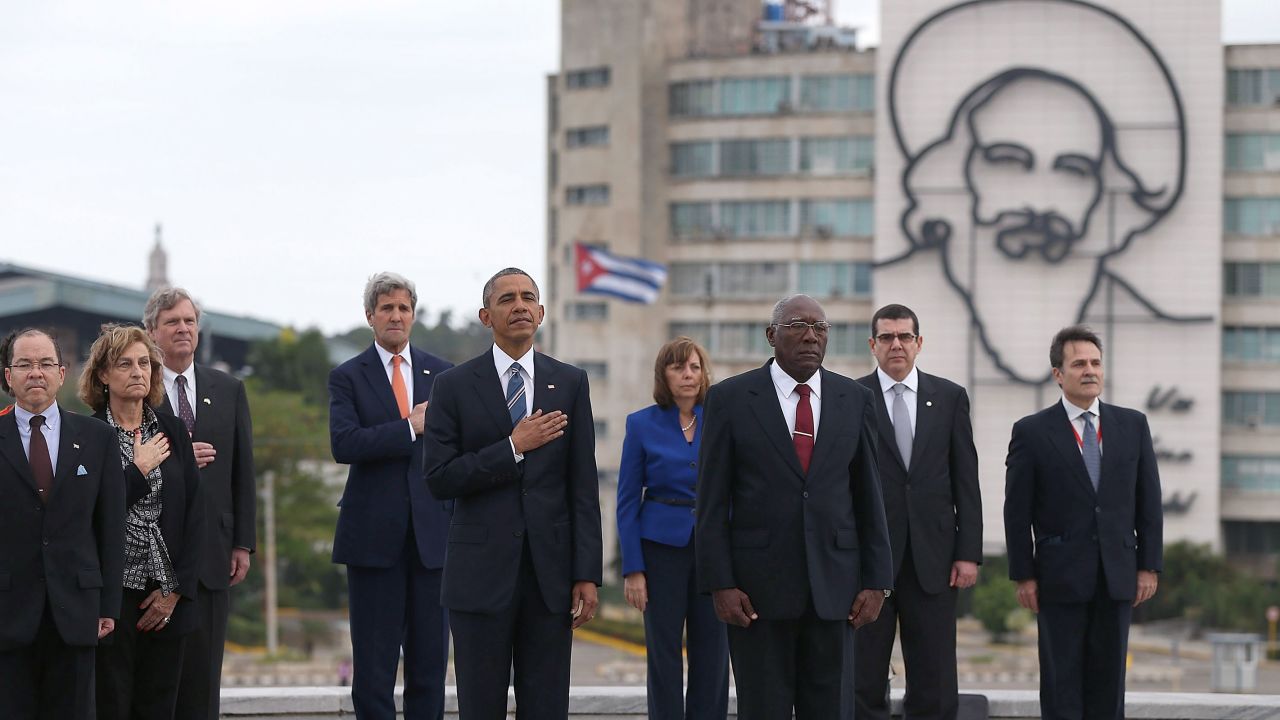 Obama takes part in a wreath-laying ceremony at the Jose Marti memorial in Revolution Square on March 21, 2016, in Havana.