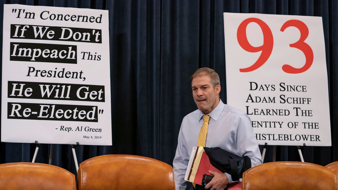 Rep. Jim Jordan, an ally of President Donald Trump who was recently appointed to the House Intelligence Committee, takes his seat on Capitol Hill in Washington, DC, in November 2019, during the first public impeachment hearings of President Trump's efforts to tie US aid for Ukraine to investigations of his political opponents.